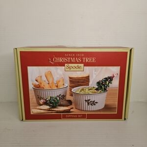 SPODE CHRISTMAS TREE DIP SET WITH 2 DIP BOWLS AND 2 SPREADERS